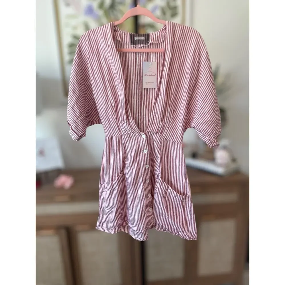 Reformation 100% Linen Striped Cecilia Kimono Mini Dress Red White Womens Size 4 - Picture 10 of 15